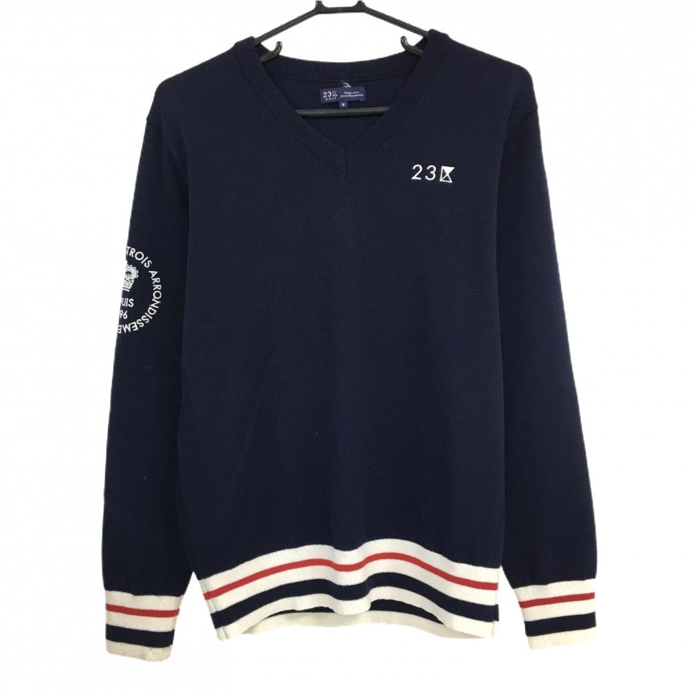 【超美品】23区ゴルフ セーター ネイビー×白 袖口裾ボーダー ウール混 ニット メンズ M ゴルフウェア 23区
