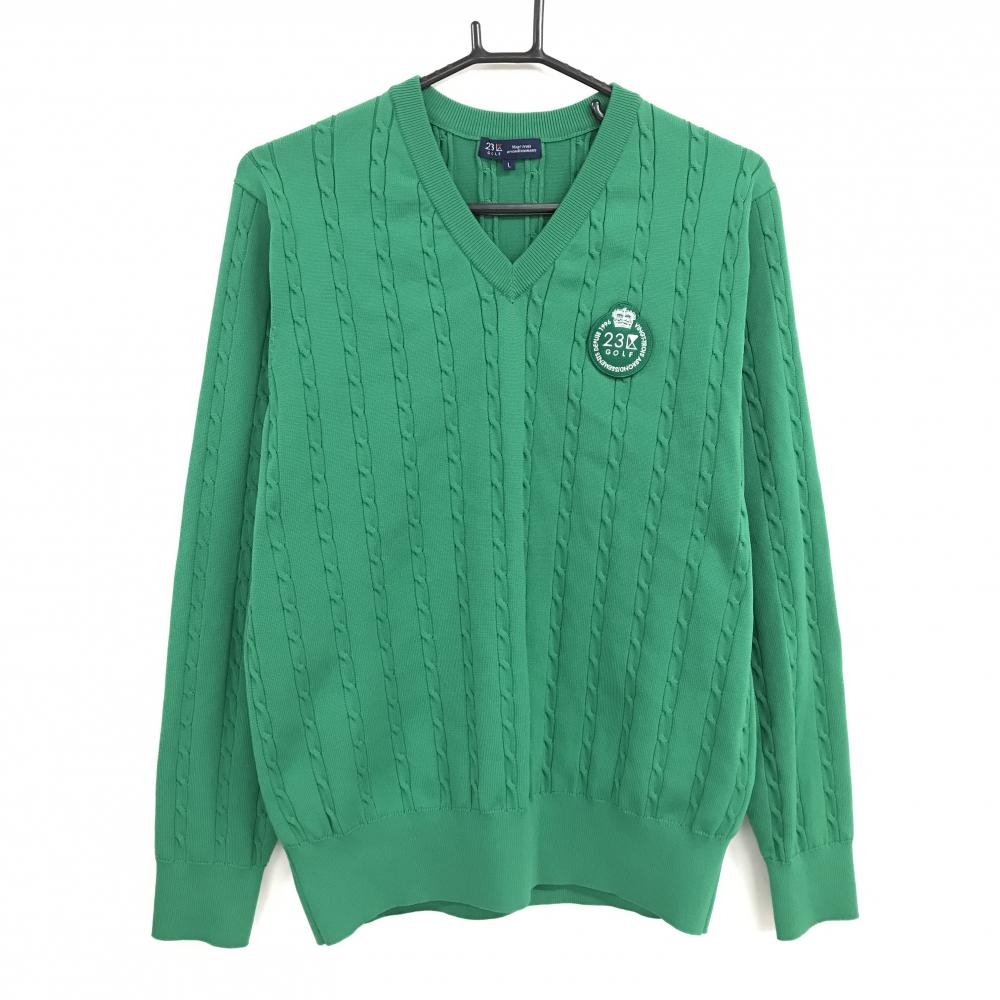【超美品】23区ゴルフ セーター グリーン ケーブル編み Vネック 刺しゅうワッペン ニット メンズ L ゴルフウェア 23区