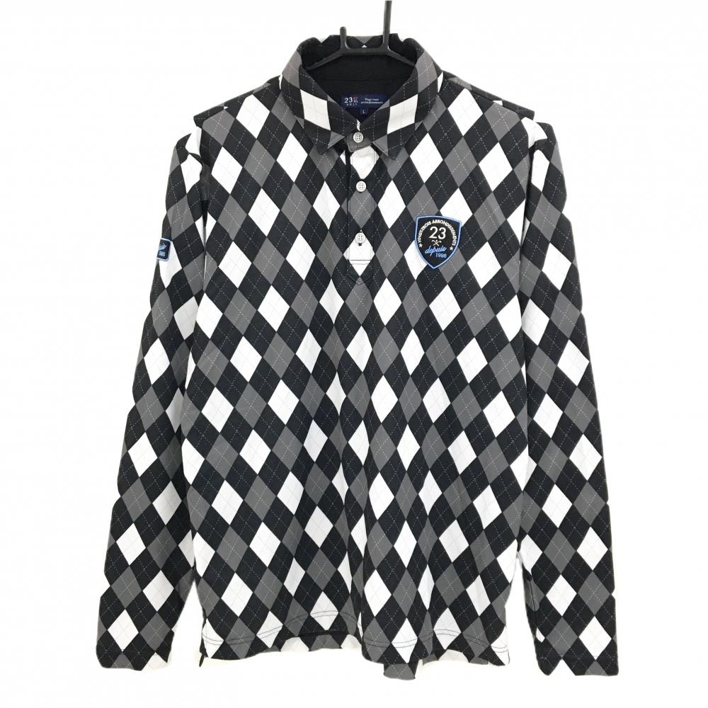 【超美品】23区ゴルフ 長袖ポロシャツ 黒×白×グレー アーガイル メンズ L ゴルフウェア 23区