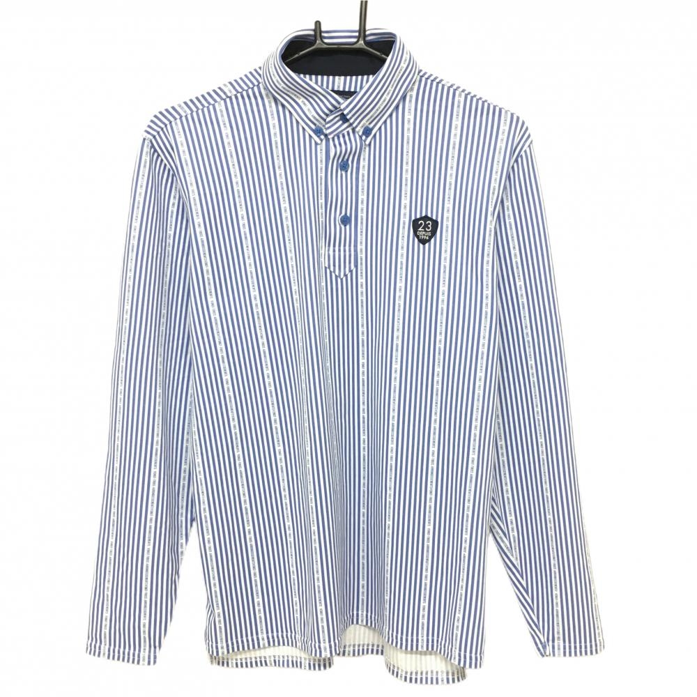 【超美品】23区ゴルフ 長袖ポロシャツ 白×ブルー ストライプ ロゴ刺しゅう ボタンダウン メンズ M ゴルフウェア 23区