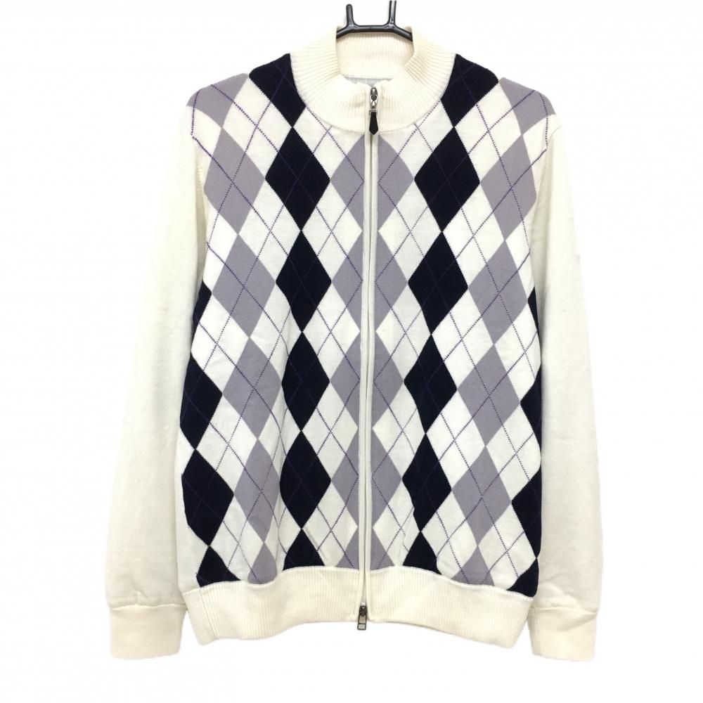 【美品】アシュワース ニットジャケット アイボリー×ネイビー×パープル アーガイル 蓄熱裏地 メンズ L ゴルフウェア ASHWORTH