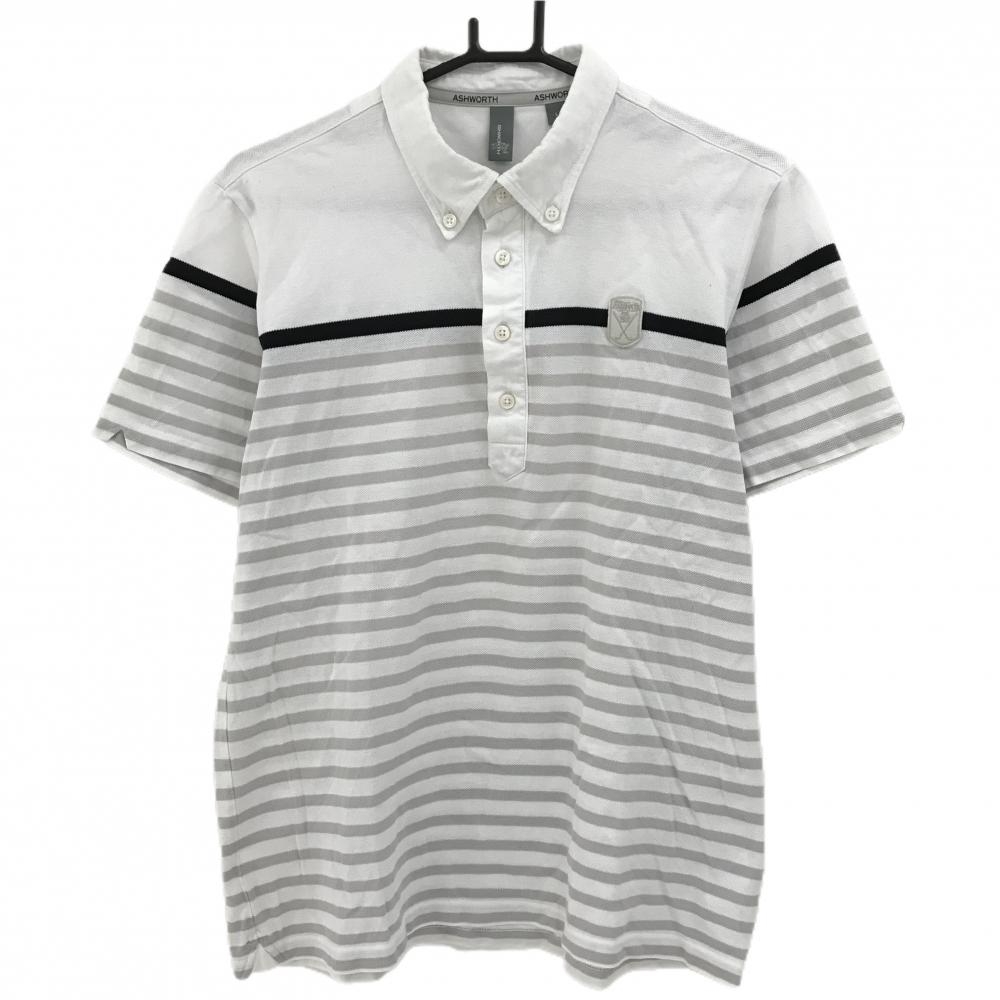 アシュワース 半袖ポロシャツ 白×ライトグレー ボーダー ボタンダウン コットン100％ メンズ L ゴルフウェア ASHWORTH