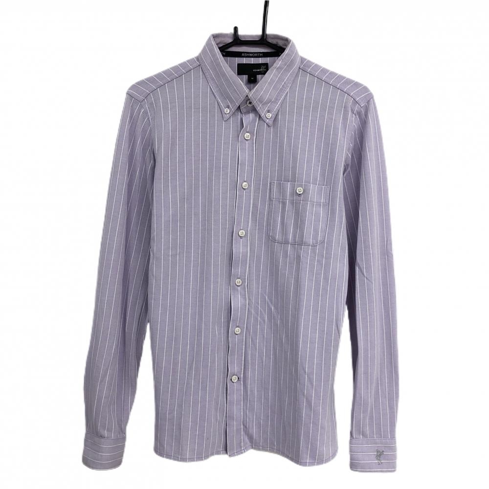 アシュワース 長袖ポロシャツ ライトパープル×白 ストライプ 胸ポケット ボタンダウン メンズ M ゴルフウェア ASHWORTH