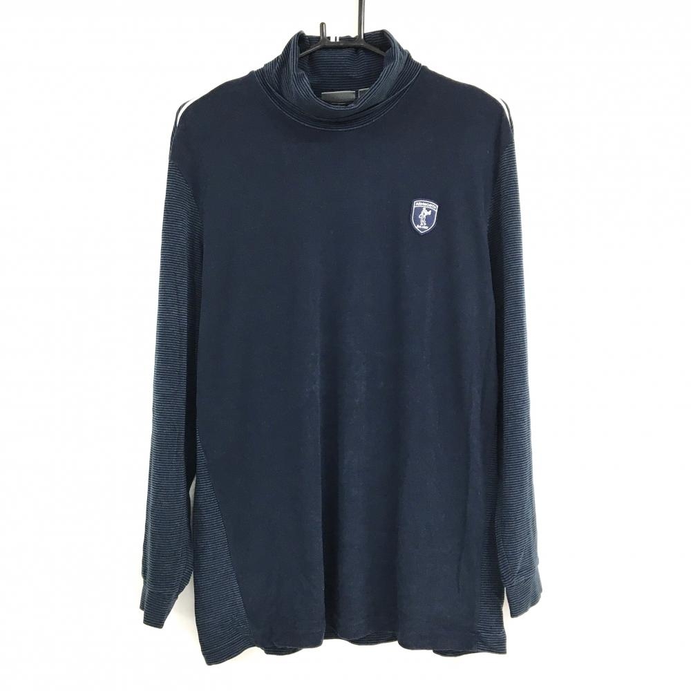 【美品】アシュワース 長袖ハイネックシャツ ネイビー×黒 ネック・袖ボーダー 表微起毛 ロゴワッペン メンズ XO ゴルフウェア ASHWORTH