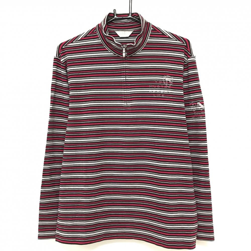 アダバット 長袖ハイネックシャツ 黒×レッドピンク ボーダー ハーフ