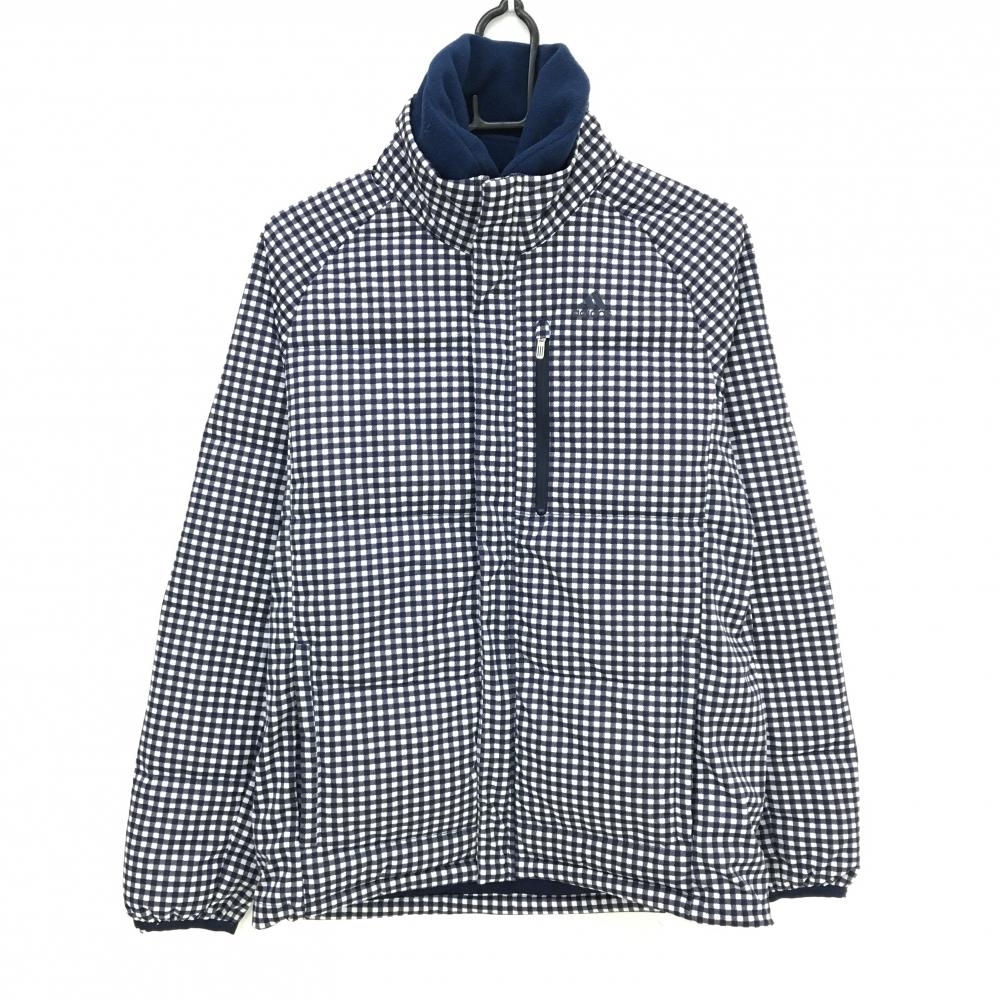 アディダス ダウンジャケット ネイビー×白 チェック ネック着脱可 メンズ M/M ゴルフウェア adidas