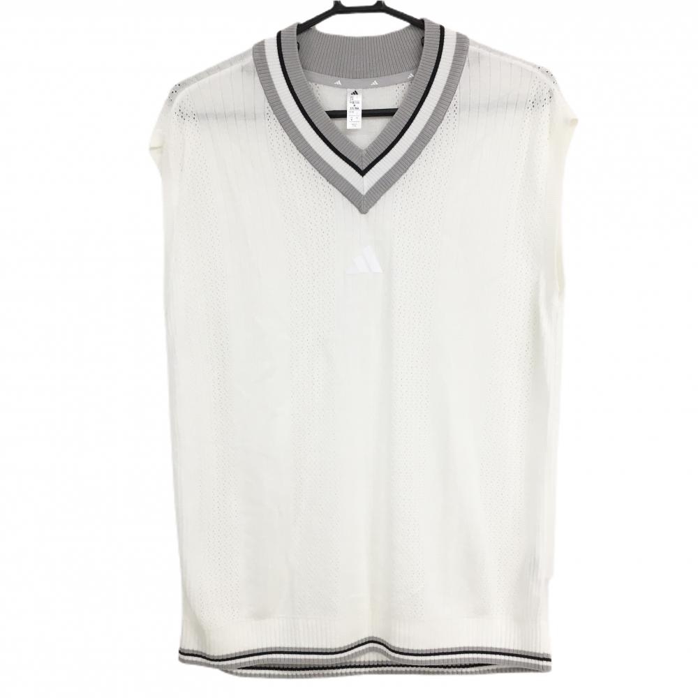 【超美品】アディダス ニットベスト 白×ライトグレー Vネック ロゴプリント メンズ L ゴルフウェア 2025年モデル adidas