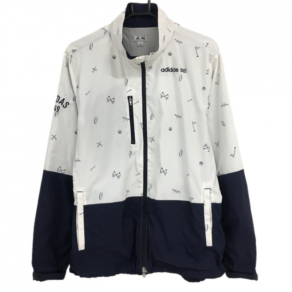アディダス ジャケットブルゾン 白×ネイビー 総柄 蓄熱裏地 バイカラー メンズ O/XG ゴルフウェア adidas 画像