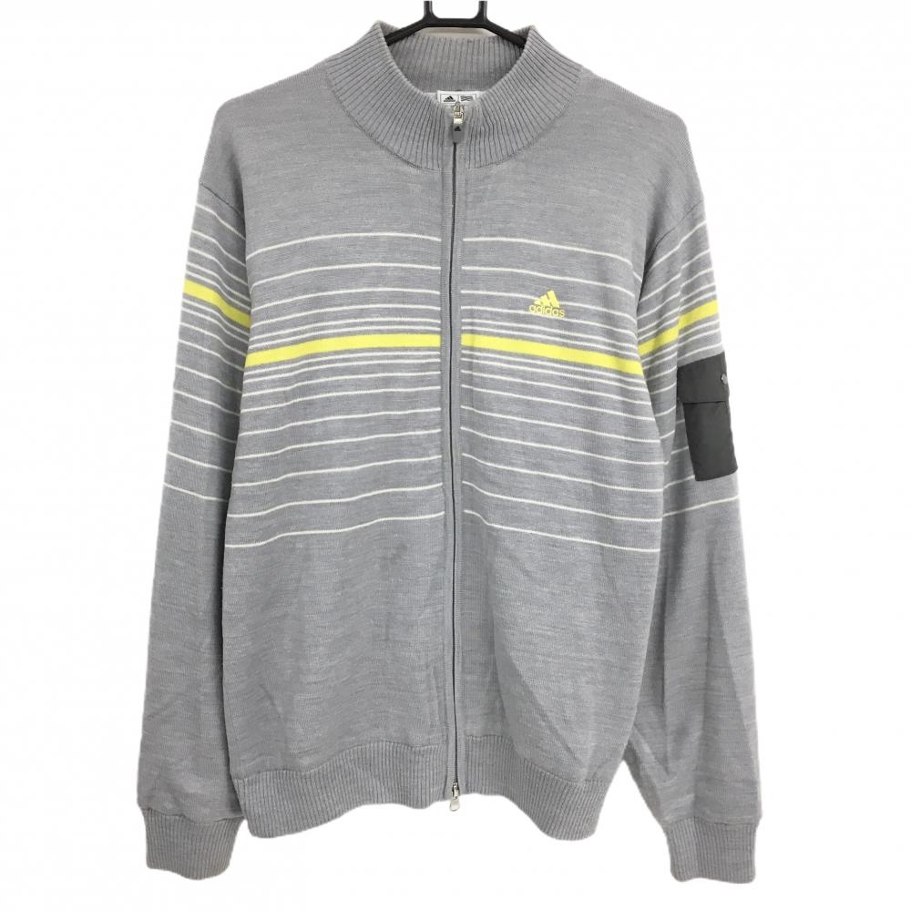 アディダス ニットブルゾン グレー×白 一部ボーダー 袖ポケット 蓄熱裏地 メンズ O/XG ゴルフウェア adidas