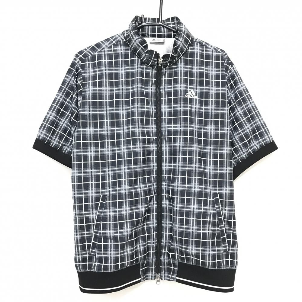 【超美品】アディダス 半袖ジャケット 黒×白 チェック 身頃蓄熱裏地 フード収納可  メンズ O/XG ゴルフウェア adidas
