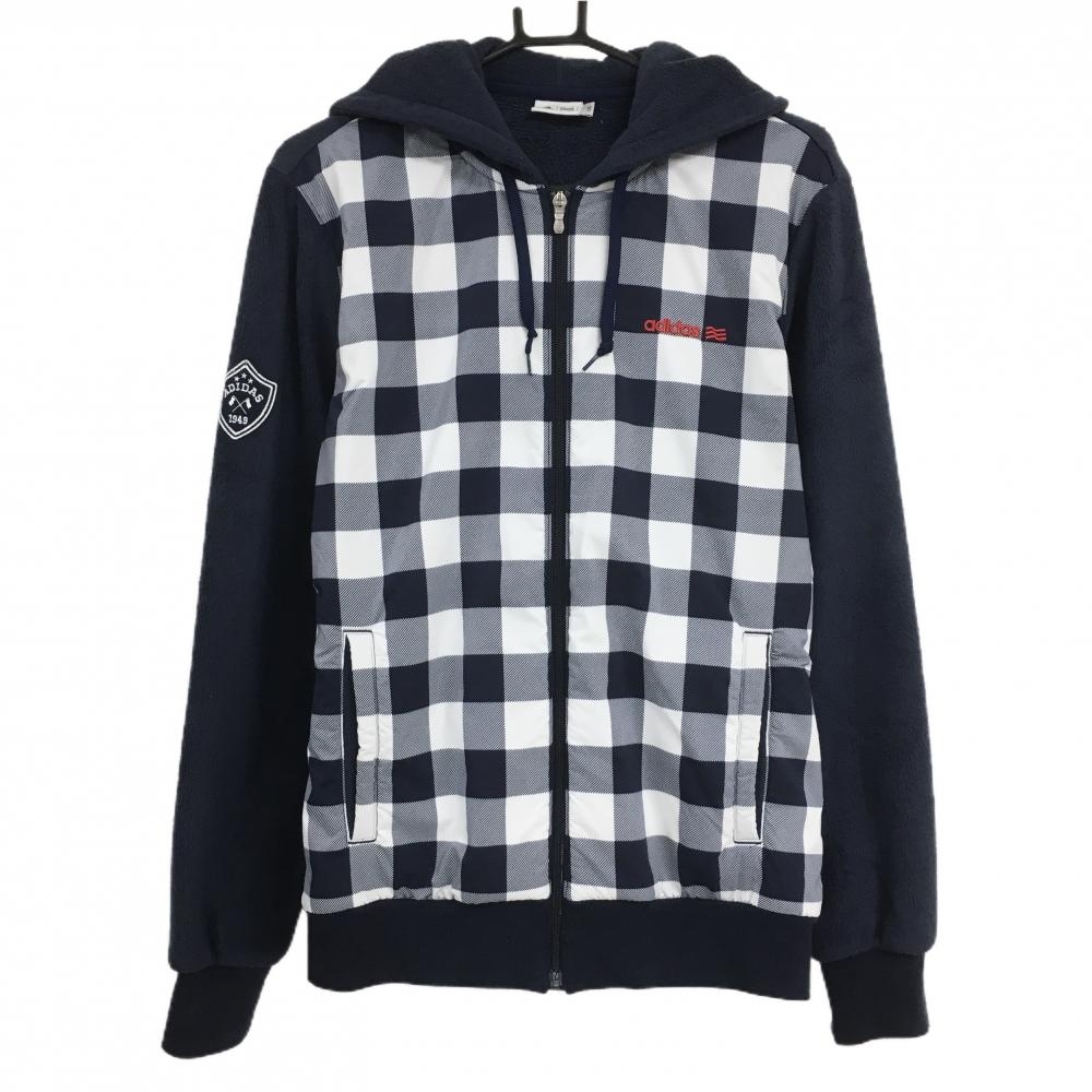 アディダス フリースパーカー ネイビー×白 前身頃チェック柄 切替  メンズ L/G ゴルフウェア adidas