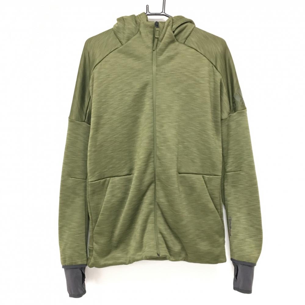 【美品】アディダス ジップパーカー 杢カーキ 裏ボア 袖ロゴ ジャケット  メンズ O(XL) ゴルフウェア adidas