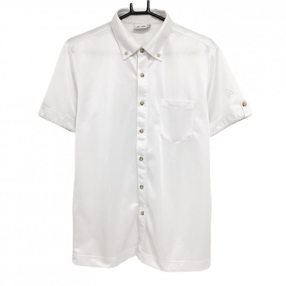 【美品】アディダス 半袖ポロシャツ 白 襟裏・袖口ピンドット ボタンダウン 後薄汚れ メンズ L/G ゴルフウェア adidas