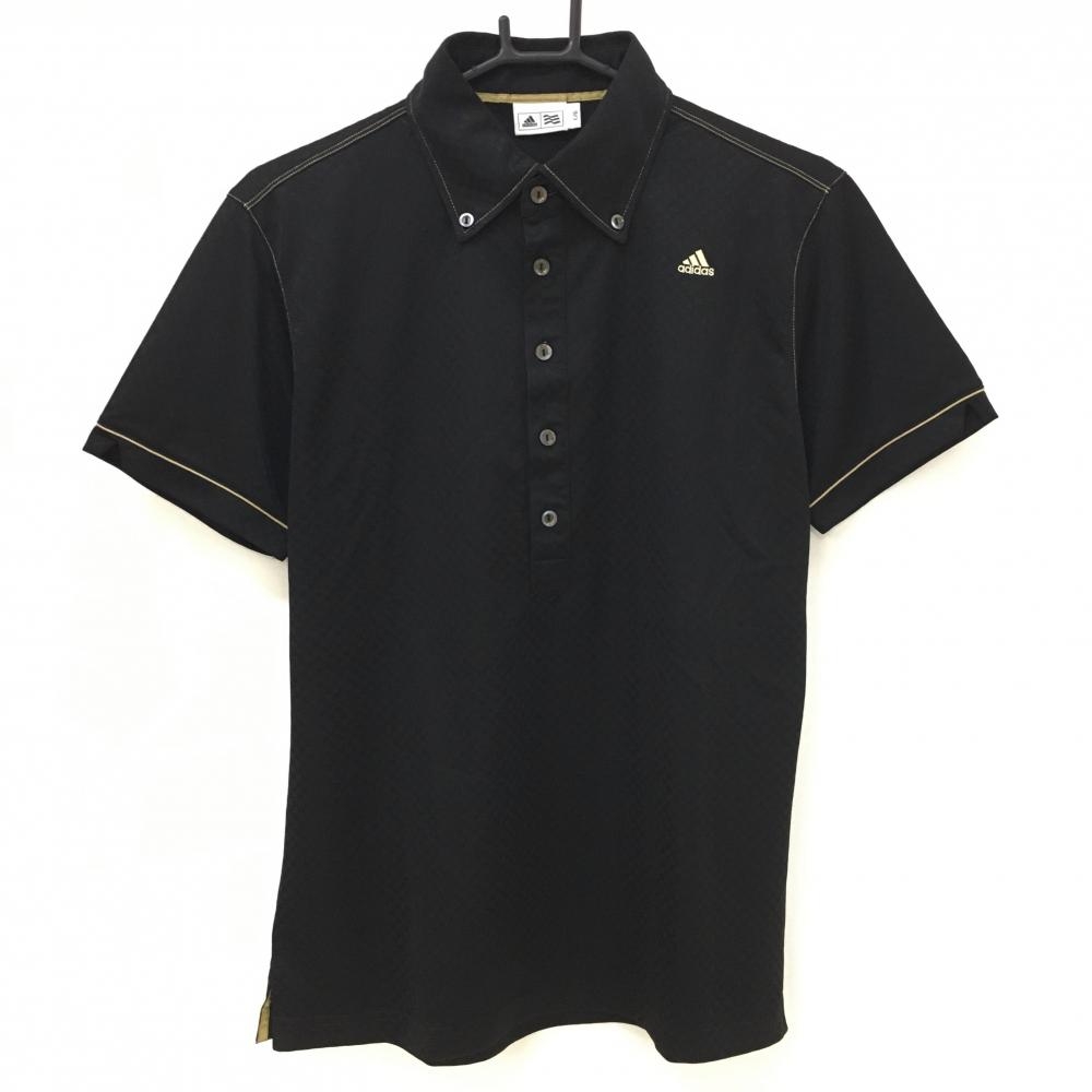 【美品】アディダス 半袖ポロシャツ 黒×ベージュ ブロックチェック地模様 ボタンダウン メンズ L/G ゴルフウェア adidas