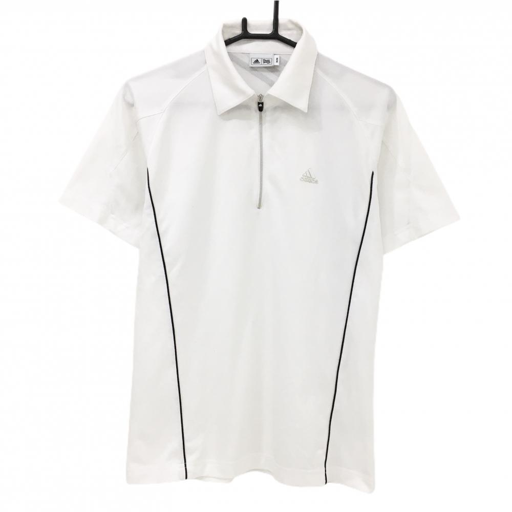 アディダス 半袖ポロシャツ 白×シルバー 地模様 背面3ライン ハーフジップ メンズ M/M ゴルフウェア adidas
