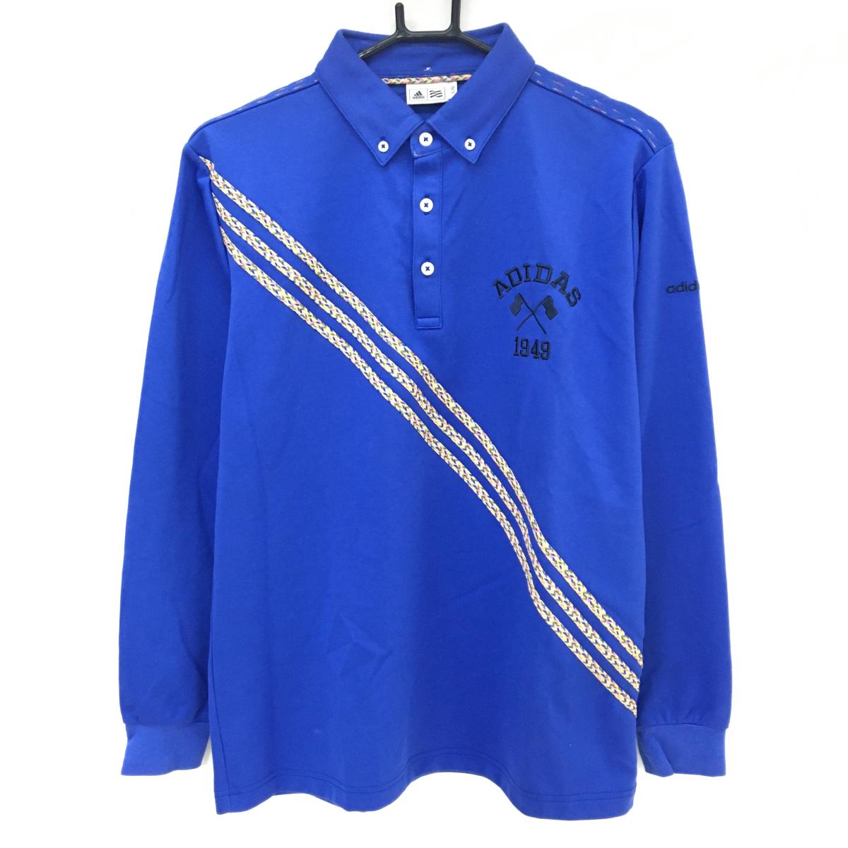 【美品】アディダス 長袖ポロシャツ ブルー×マルチ フロント斜めライン ボタンダウン ロゴ刺しゅう  メンズ L/G ゴルフウェア adidas