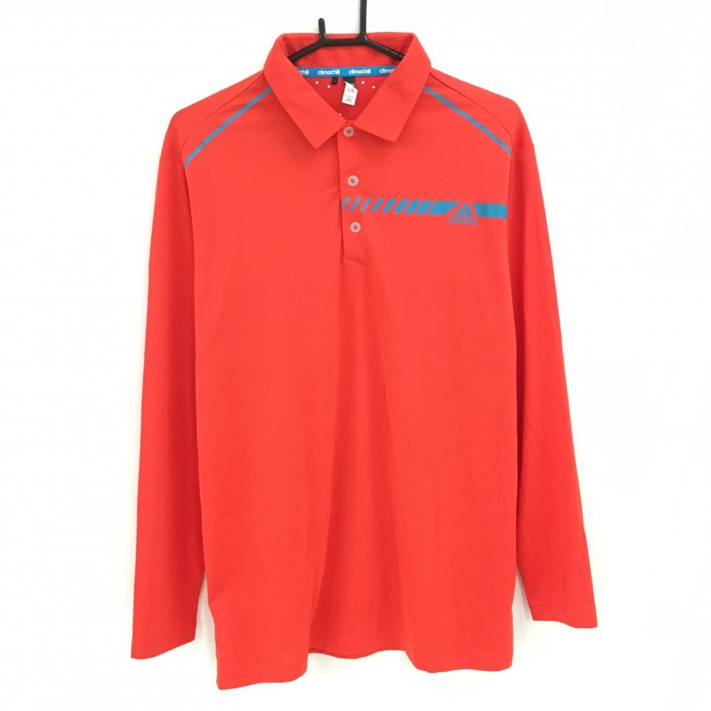 【超美品】アディダス 長袖ポロシャツ オレンジレッド×ブルー ロゴプリント climachill メンズ L/G ゴルフウェア adidas