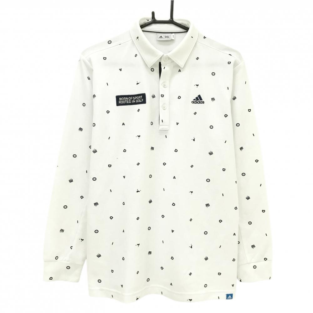 アディダス 長袖ポロシャツ 白×ネイビー 総柄 ロゴ刺しゅう  メンズ L/G ゴルフウェア adidas