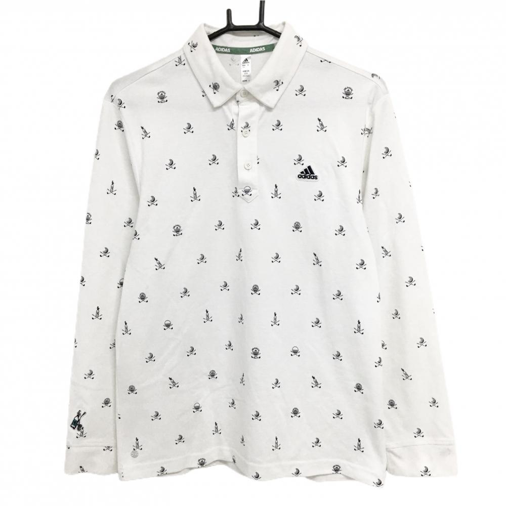 アディダス 長袖ポロシャツ 白×ネイビー 総柄 ロゴ刺しゅう ボタンダウン メンズ L ゴルフウェア adidas