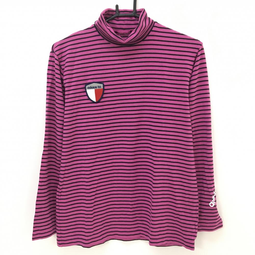 アディダス 長袖タートルネックシャツ パープルピンク×黒 ボーダー ロゴワッペン 袖プリント  メンズ サイズ無し ゴルフウェア adidas