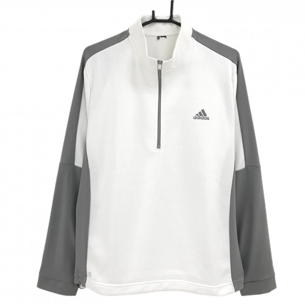 アディダス 長袖ハイネックシャツ 白×グレー メッシュ調 切替 ハーフジップ 裾ドローコード  メンズ XL ゴルフウェア adidas
