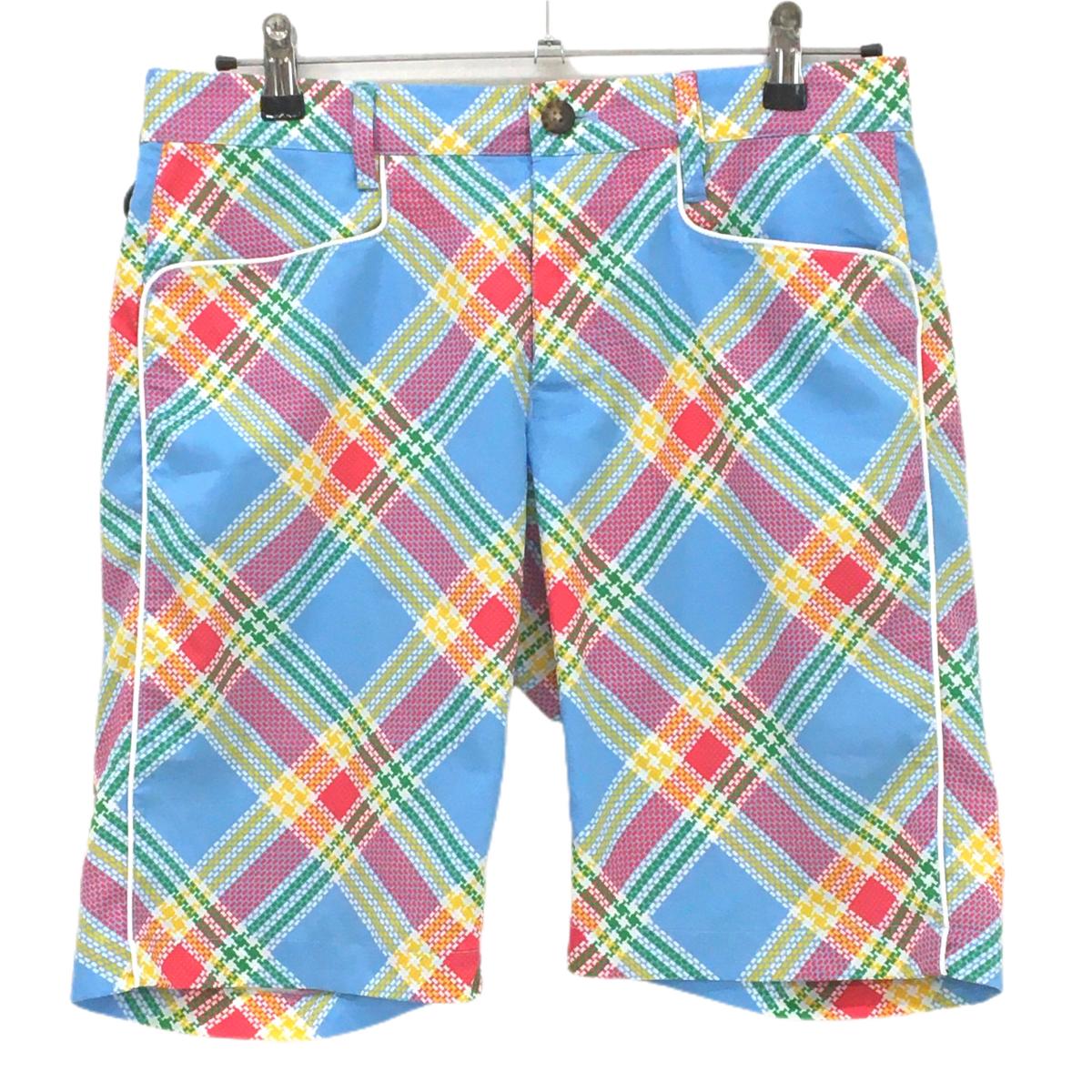 【美品】アディダス ハーフパンツ ライトブルー×レッドピンク チェック柄 バックロゴ  メンズ M/M ゴルフウェア adidas