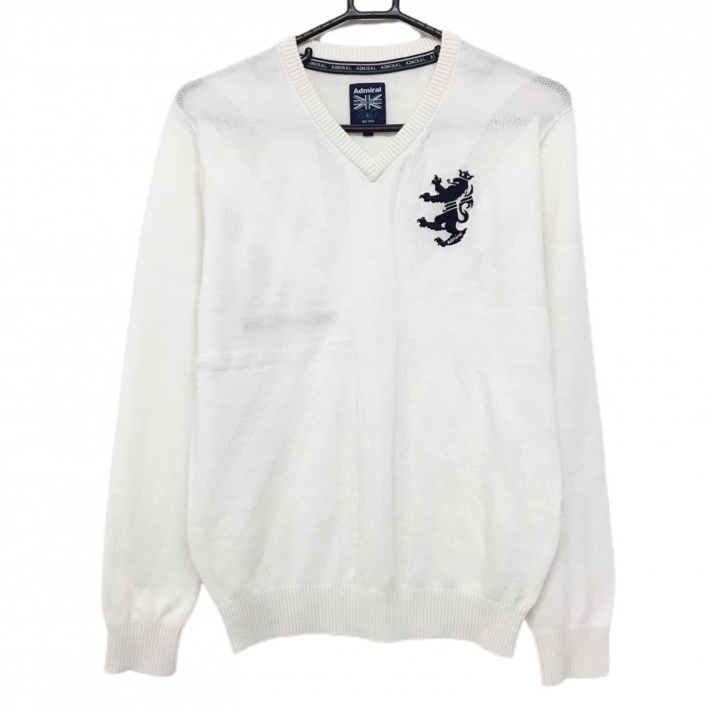 【美品】アドミラル セーター  白 ユニオンジャック編み ニット ウール混 薄手 Vネック メンズ M ゴルフウェア Admiral