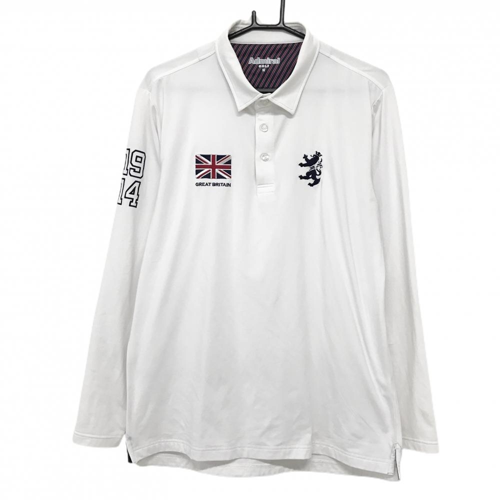 アドミラル 長袖ポロシャツ 白×ネイビー ロゴ刺しゅう 裏微起毛 メンズ LL ゴルフウェア Admiral