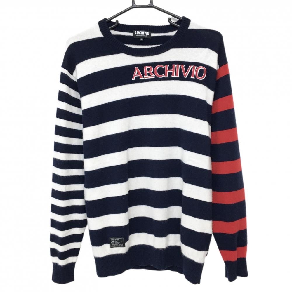 【美品】アルチビオ セーター ネイビー×白×レッド ボーダー カシミヤ100％ ニット メンズ 48(L) ゴルフウェア archivio