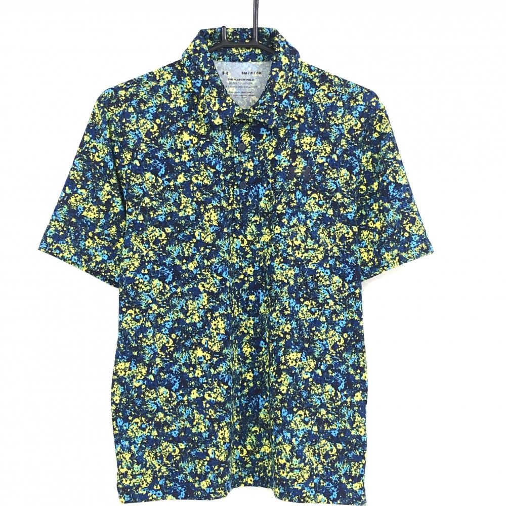 【超美品】アンダーアーマー 半袖ポロシャツ ネイビー×イエロー 総柄  メンズ SM/P/CH ゴルフウェア 2023年モデル UNDER ARMOUR