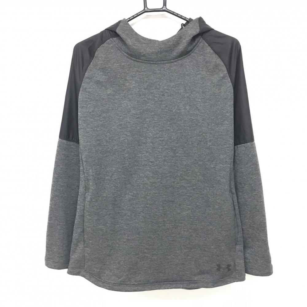 【美品】アンダーアーマー フード付き長袖シャツ 杢グレー×ダークグレー 切替 裏微起毛  メンズ LG ゴルフウェア UNDER ARMOUR