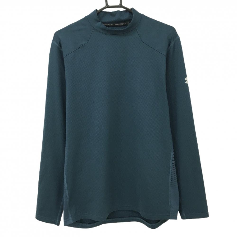 【美品】アンダーアーマー 長袖ハイネックシャツ グリーンブルー×黒 サイドボーダー 袖ロゴ メンズ XL/TG/XG ゴルフウェア UNDER ARMOUR
