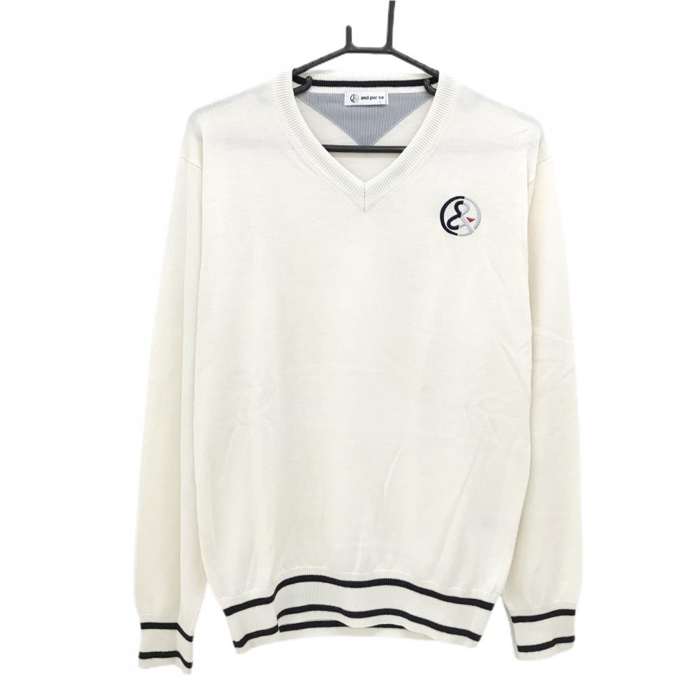 【美品】アンパスィ セーター アイボリー×黒 Vネック ロゴ刺しゅう ウール混 ニット メンズ L ゴルフウェア and per se
