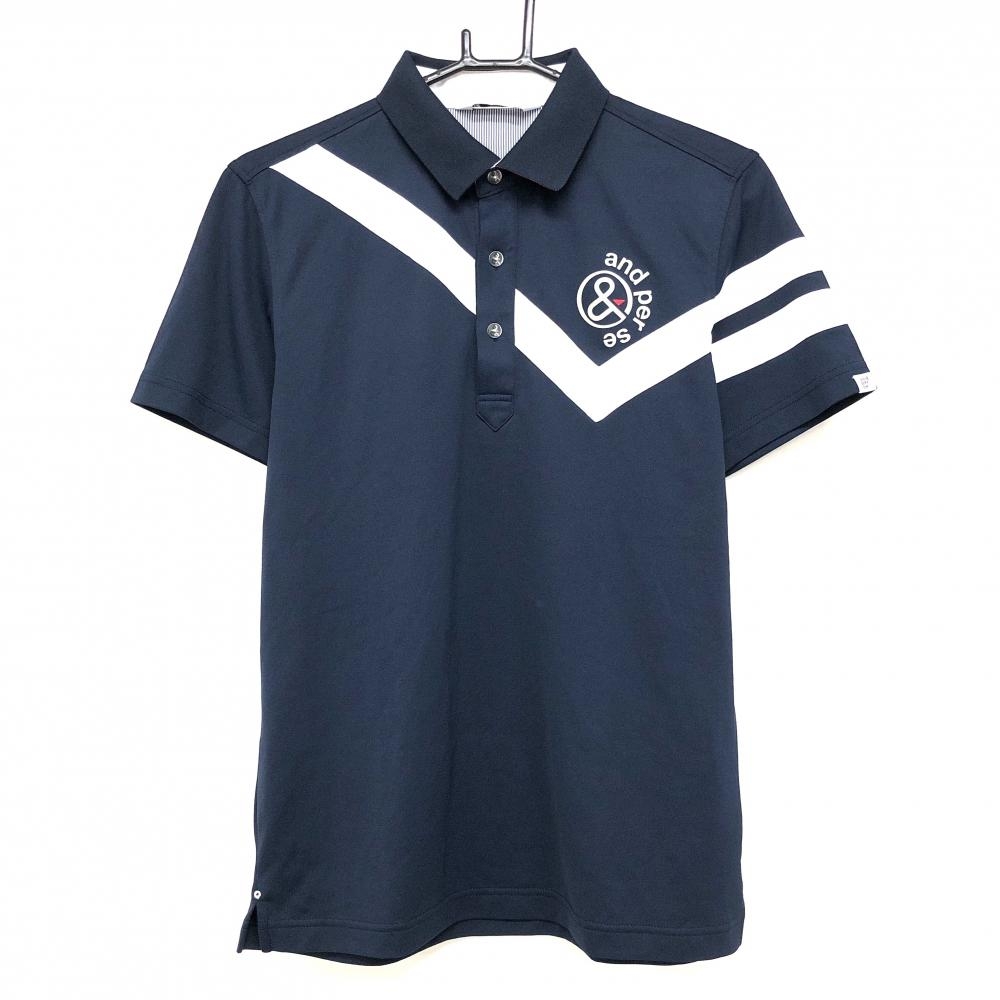 【美品】アンパスィ 半袖ポロシャツ ネイビー×白 襟裏レッド フロッキーロゴ メンズ M ゴルフウェア and per se