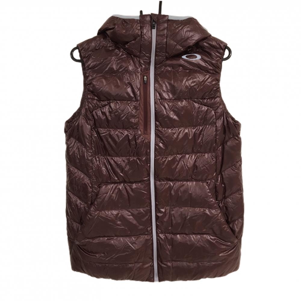 【超美品】オークリー フード付ダウンベスト ボルドー×ライトブルー 胸ポケット ダウン90％  メンズ XL ゴルフウェア Oakley