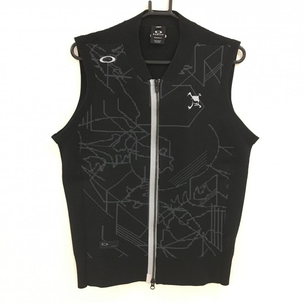 【美品】オークリー ニットジップベスト 黒×グレー 前身頃総柄  メンズ L ゴルフウェア Oakley