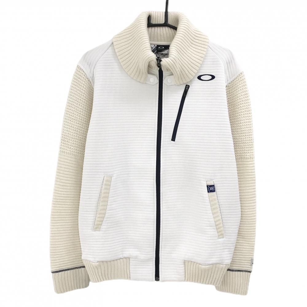 オークリー 異素材ジャケット 白×アイボリー ボーダー地模様 一部ニット ウール混  メンズ L ゴルフウェア Oakley