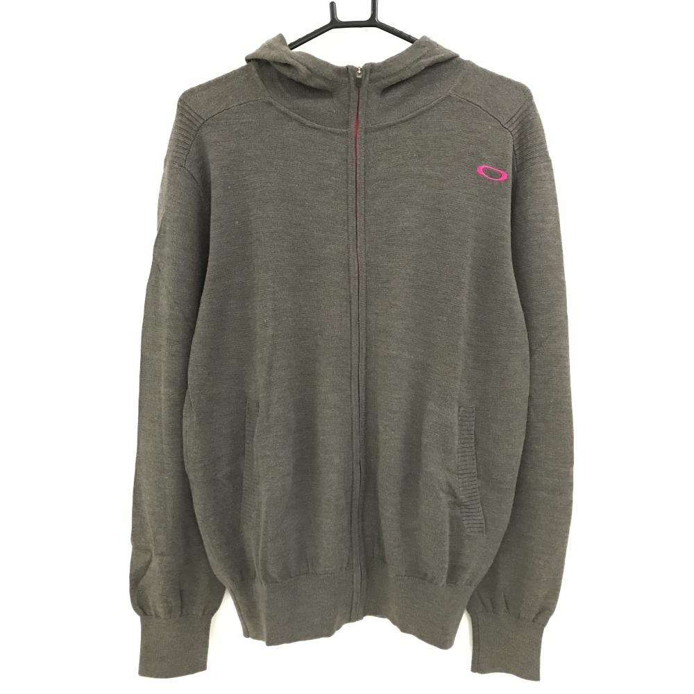 【美品】オークリー ニットジップパーカー カーキグレー×ピンク ロゴ刺しゅう ウール混  メンズ XL ゴルフウェア Oakley