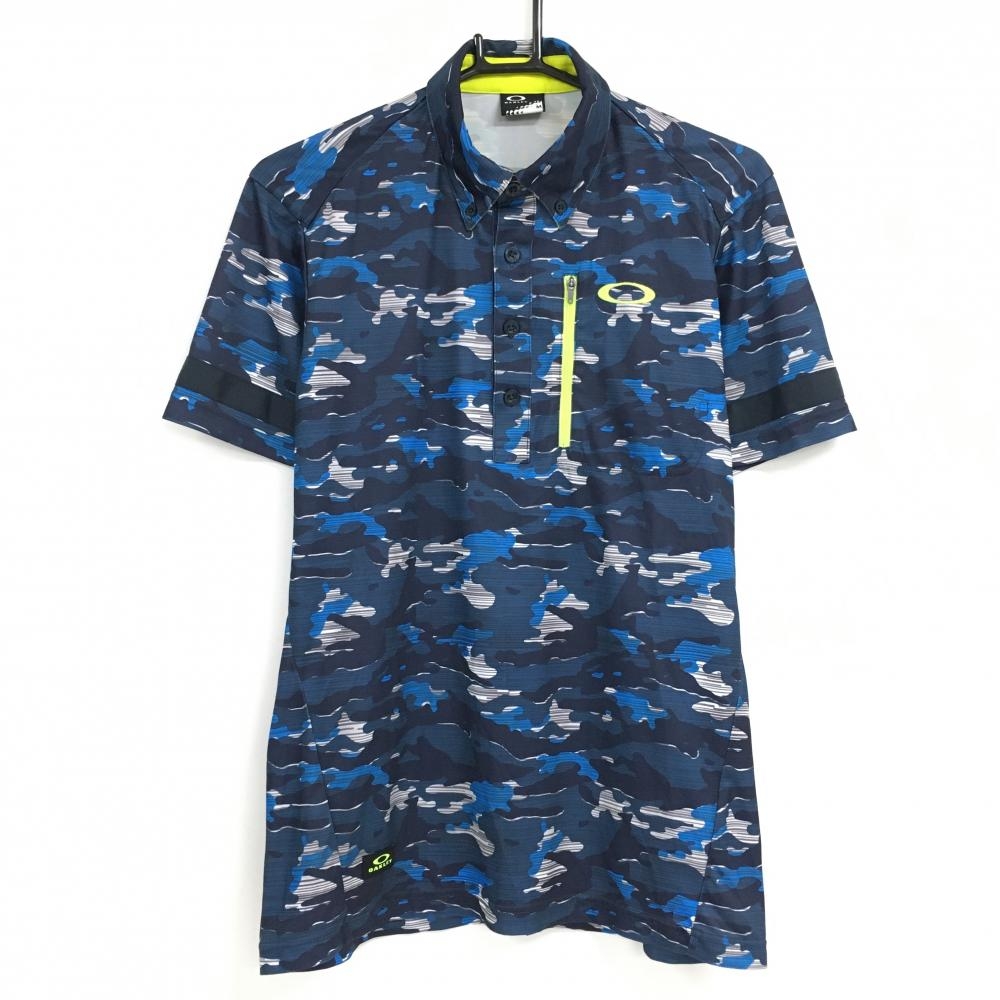 【超美品】オークリー 半袖ポロシャツ ネイビー×ブルー 迷彩 カモフラ ボタンダウン 胸ジップポケット メンズ M ゴルフウェア Oakley 画像