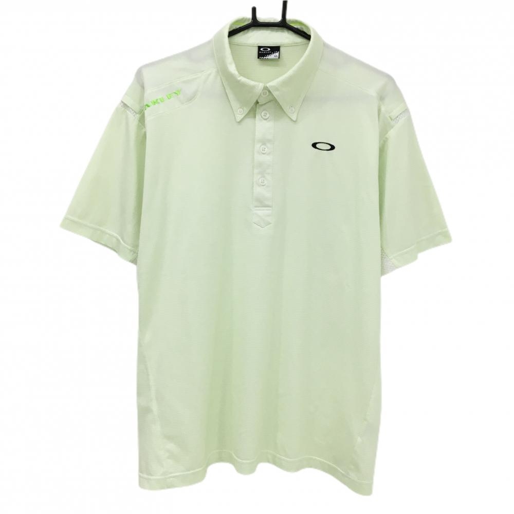 【美品】オークリー 半袖ポロシャツ ライトグリーン×白 地模様 袖一部メッシュ ボタンダウン メンズ XL ゴルフウェア Oakley