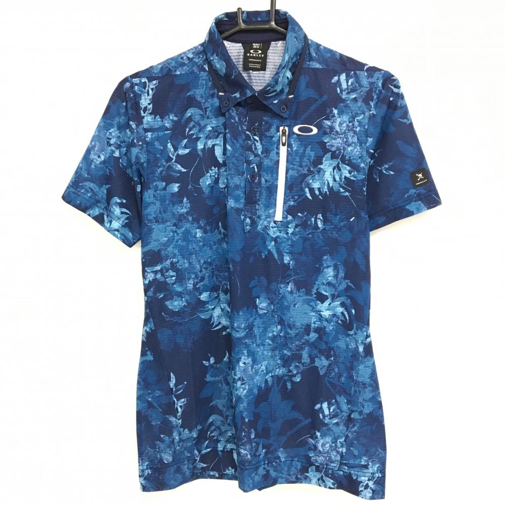 【超美品】オークリー 半袖ポロシャツ ネイビー×ライトブルー 花柄 胸ポケット メンズ M ゴルフウェア Oakley