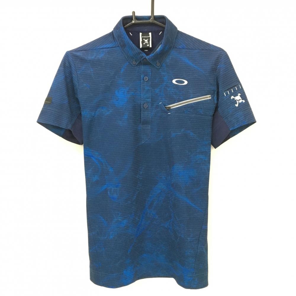 オークリー 半袖ポロシャツ ネイビー×青 総柄 スカル刺しゅう ティー装着可 ボタンダウン  メンズ M ゴルフウェア Oakley