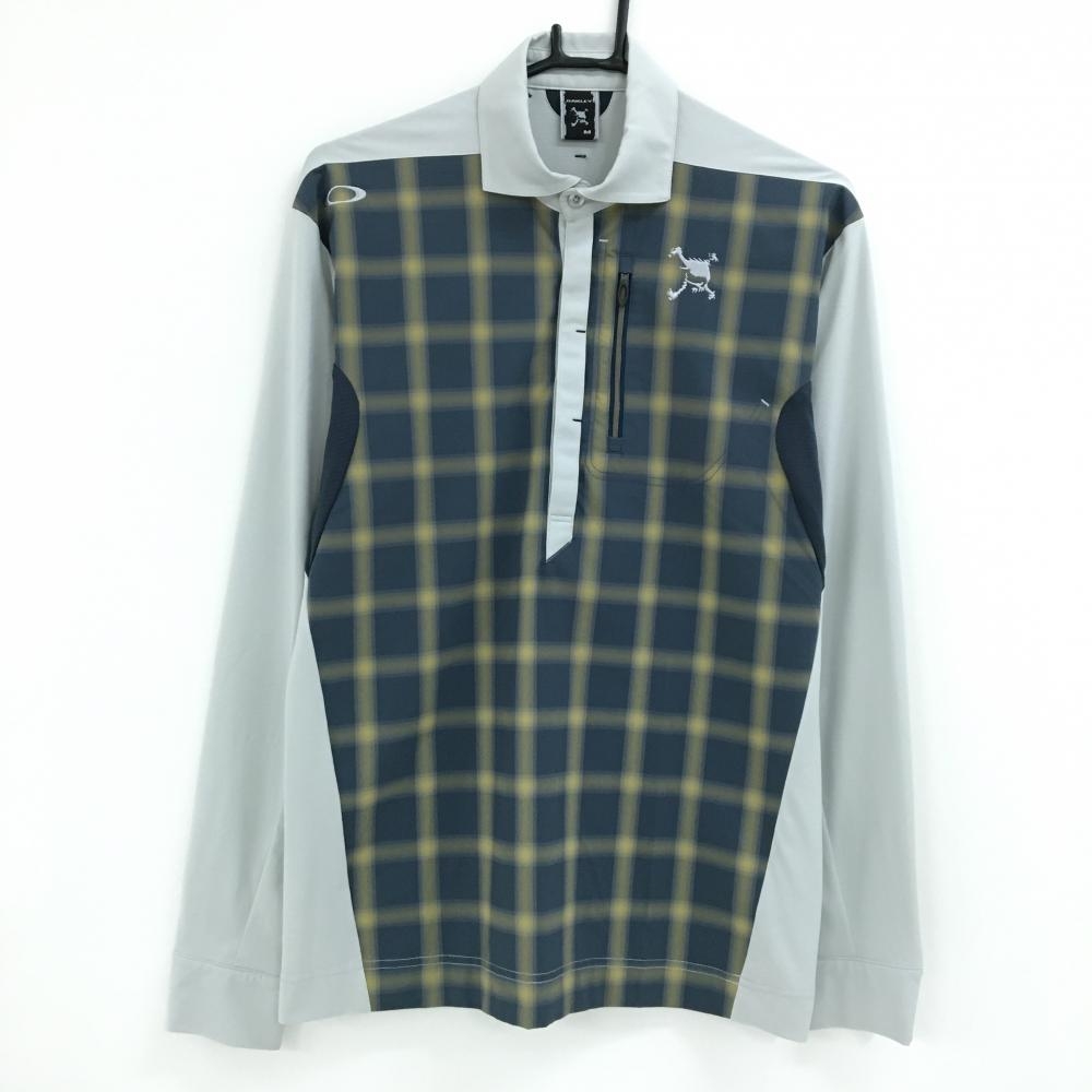 【超美品】オークリー 長袖ポロシャツ ライトグレー×ネイビー 前身頃チェック柄 胸ポケット ロゴ刺しゅう メンズ M ゴルフウェア Oakley