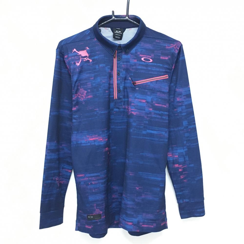 【美品】オークリー 長袖ポロシャツ ネイビー×ピンク 地模様 ロゴ刺しゅう ハーフジップ ボタンダウン メンズ L ゴルフウェア Oakley