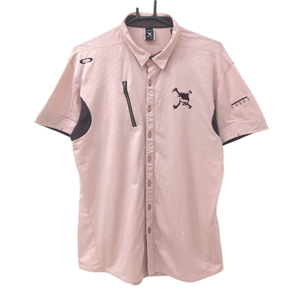【美品】オークリー 半袖シャツ ピンク×ボルドー 地模様 ティー装着可 スカル メンズ L ゴルフウェア Oakley