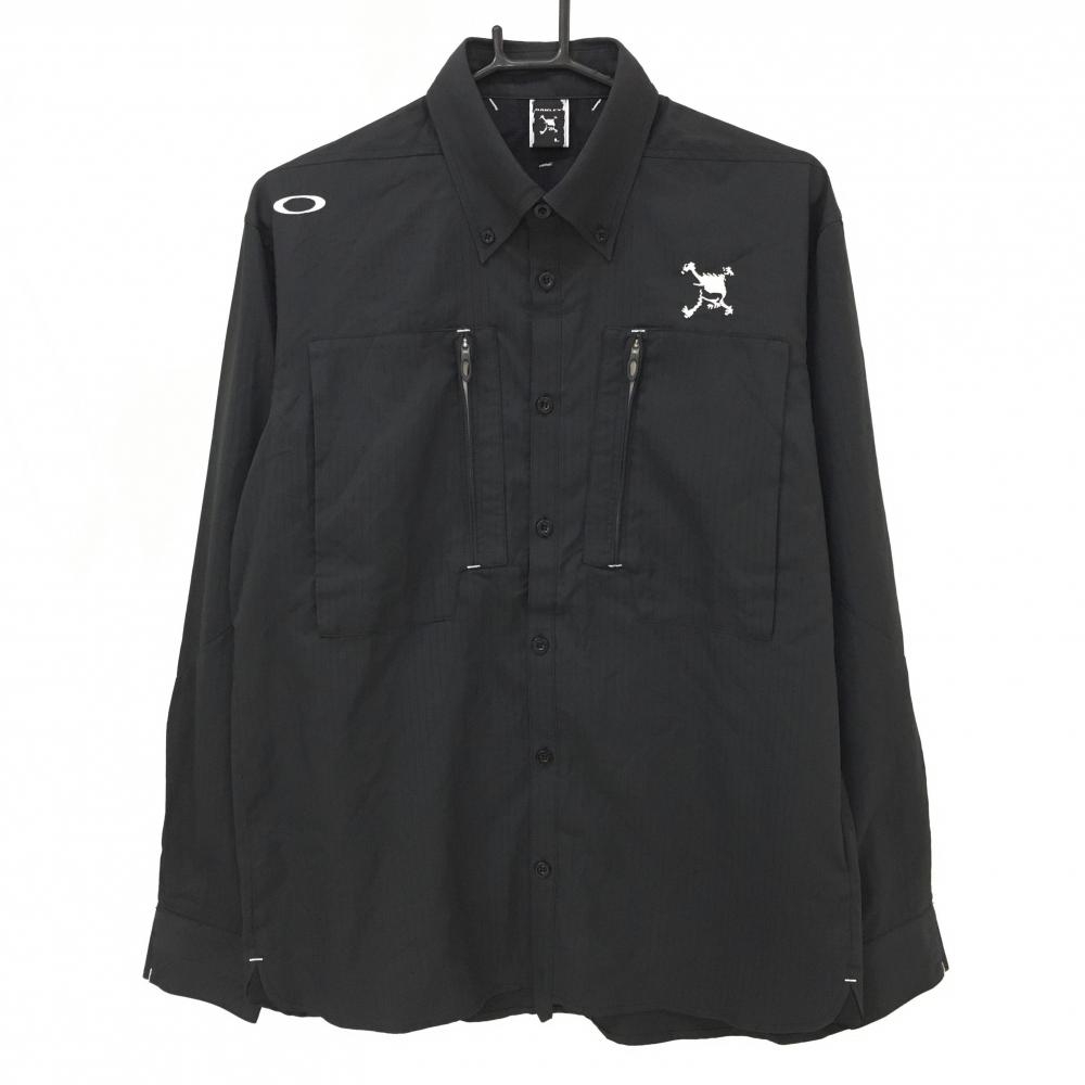 【超美品】オークリー 長袖シャツ 黒 地模様 ボタンダウン 胸ポケット メンズ L ゴルフウェア Oakley