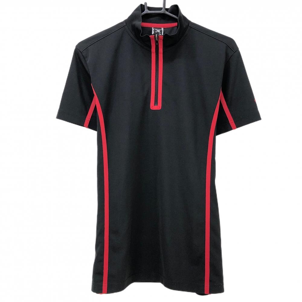 【美品】オークリー 半袖ハイネックシャツ 黒×レッド ハーフジップ ライン  メンズ M ゴルフウェア Oakley