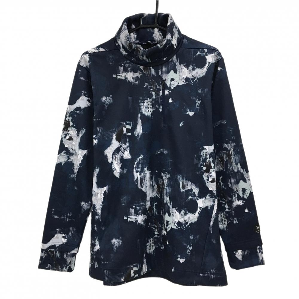 オークリー 長袖タートルネックシャツ ネイビー×白 総柄 裏微起毛 メンズ XL ゴルフウェア Oakley