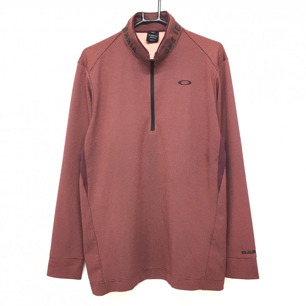【超美品】オークリー 長袖ハイネックシャツ ボルドー×ワインレッド ロゴ黒 スクエアドット ハーフジップ メンズ XL ゴルフウェア Oakley