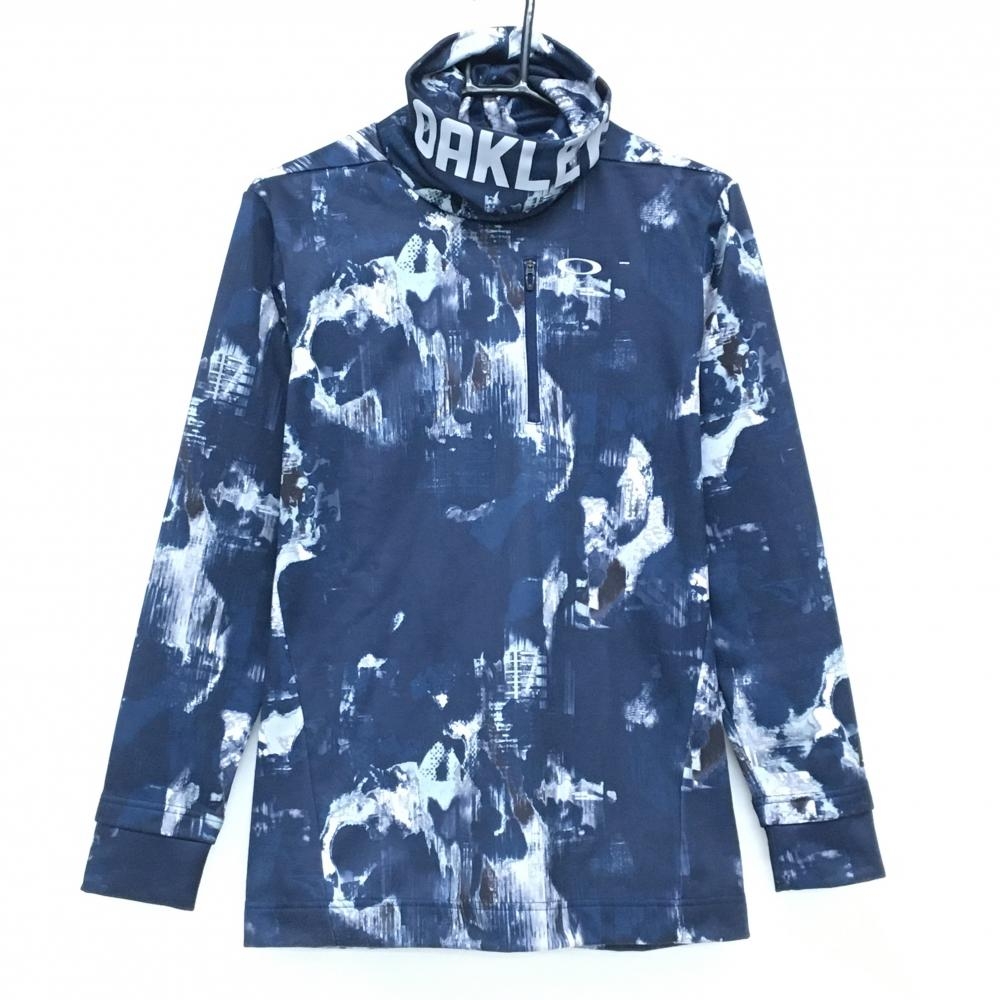 オークリー 長袖ハイネックシャツ ネイビー×白 総柄 裏起毛  メンズ M ゴルフウェア Oakley